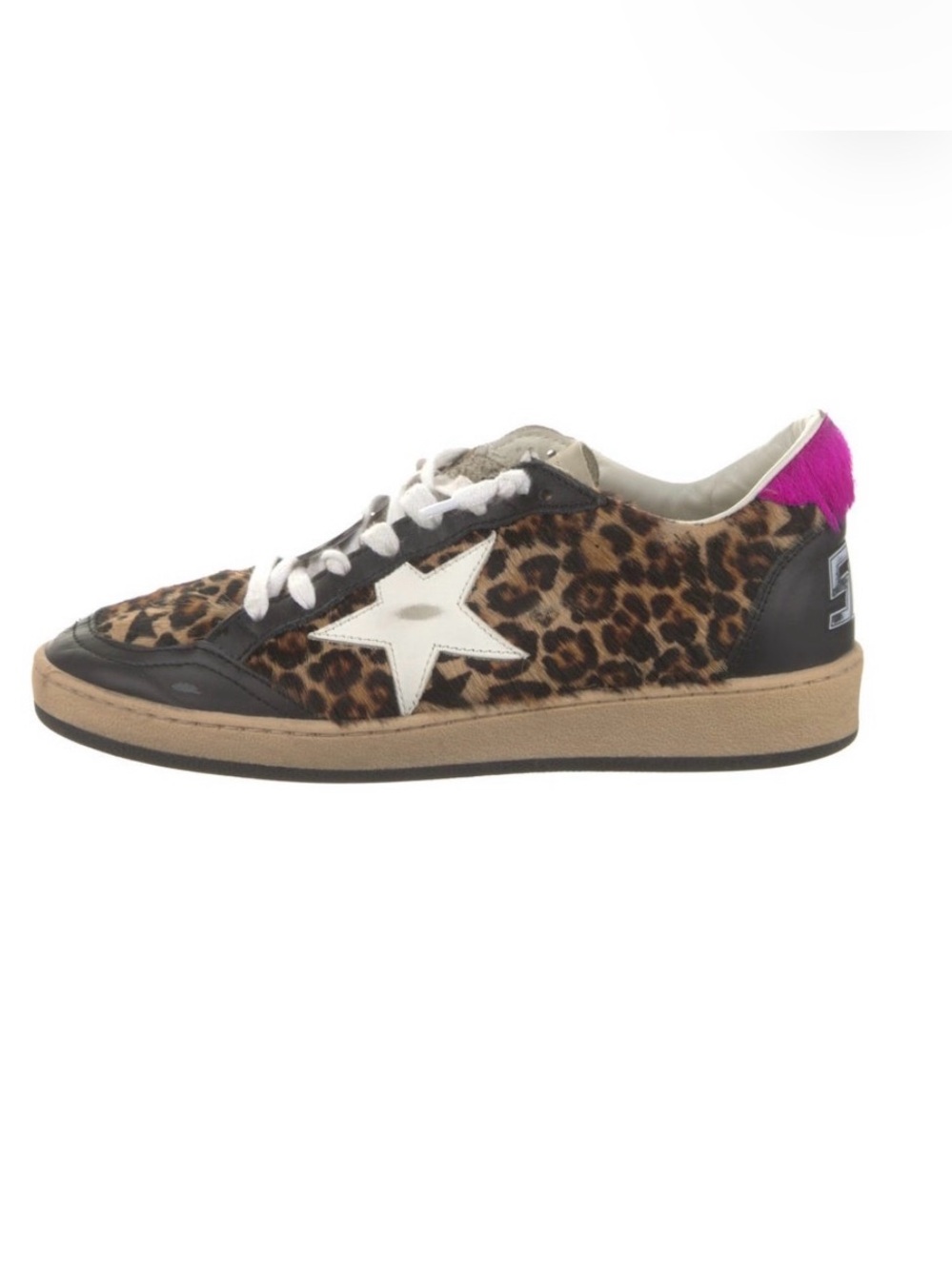 ISO: Golden Goose Leopard Print Low-Top Sneakers with White Star and Pink Heel